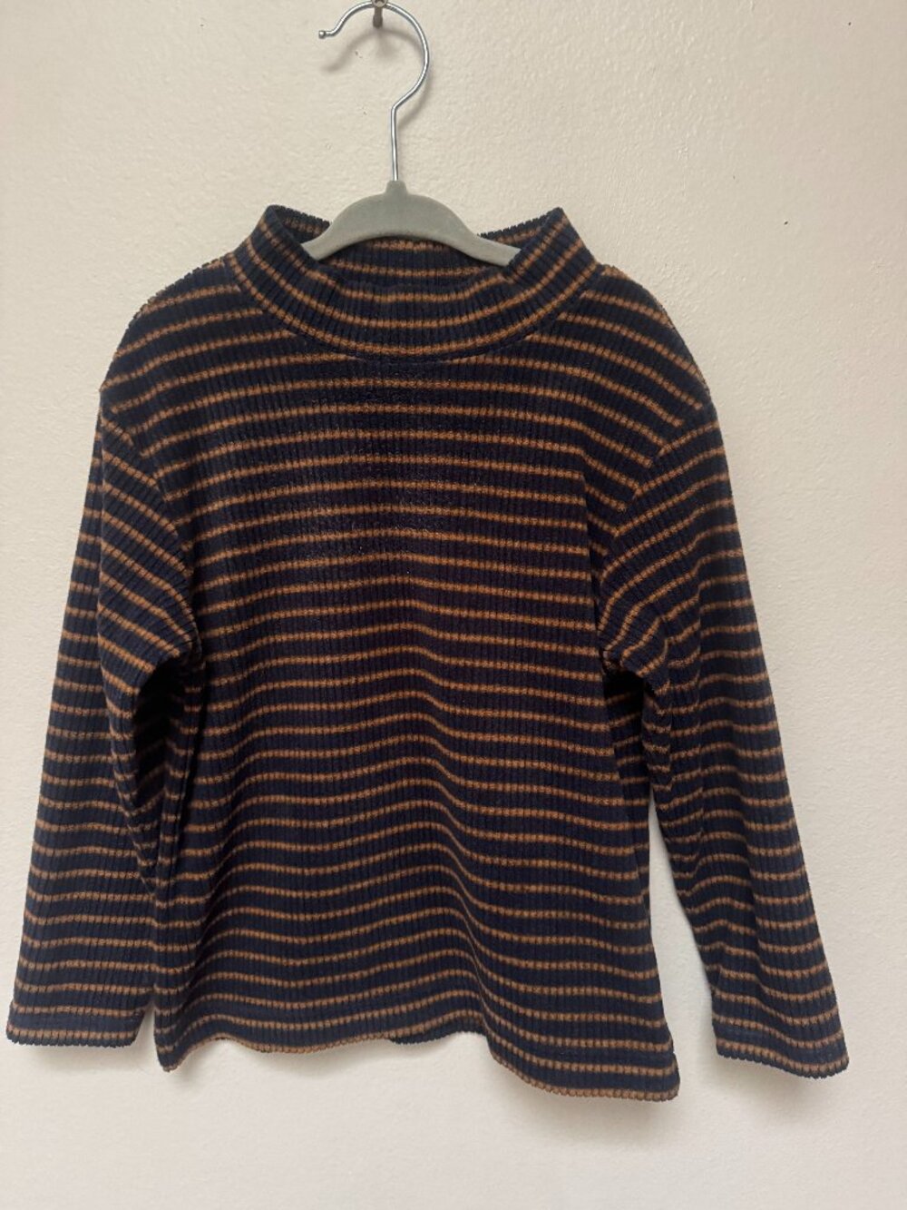 Uniqlo Kids Ribbed Fleece Striped High Neck Top 3-4Y Navy Brown Long Sleeve